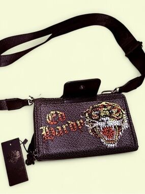 Ed Hardy Rhinestone Tiger Crossbody Camera Bag Y2K Punk Adjustable Strap NWT